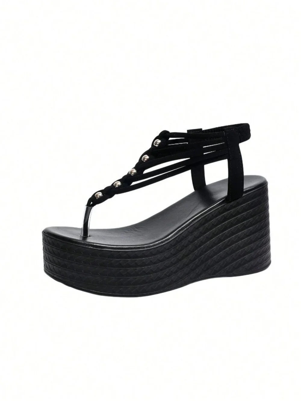 Black Chic Women's Wedge Heel Beaded detailed Thong Sandals - Picture 7 of 10